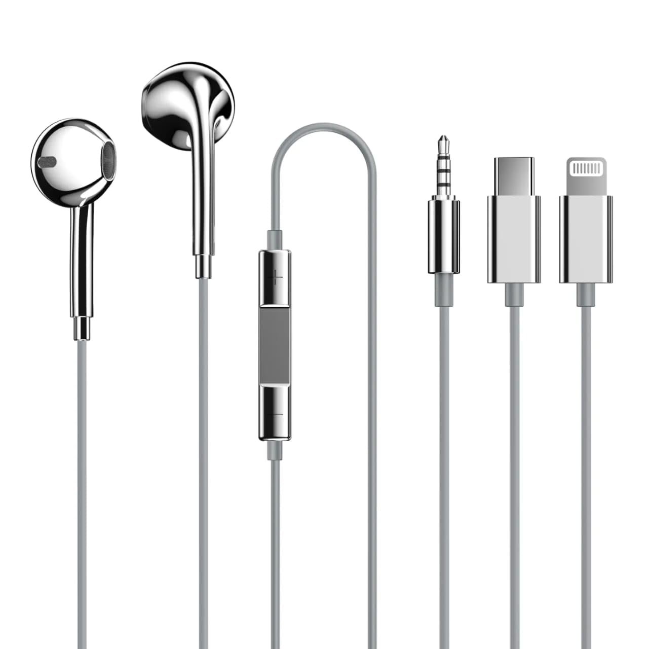 Type C Wired Earphones MFi Certified | Support All Android and Apple iPhone Series, Built-in Mic and Remote | Electoplated Silver Chrome Wired Headphones Earbuds