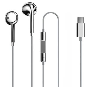 Type C Wired Earphones MFi Certified | Support All Android and Apple iPhone Series, Built-in Mic and Remote | Electoplated Silver Chrome Wired Headphones Earbuds