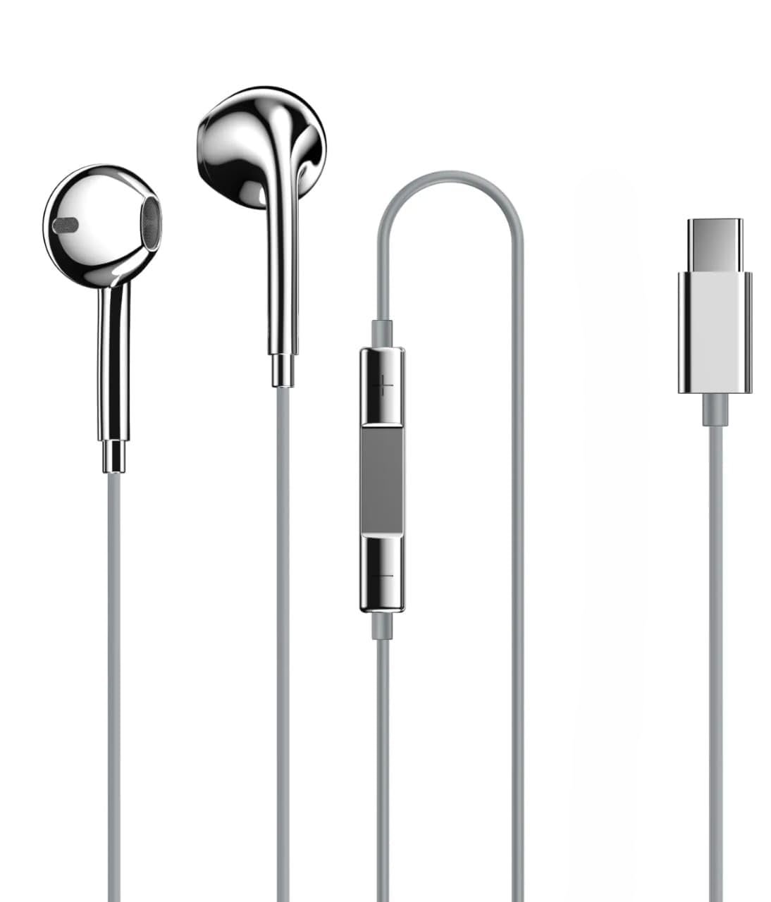 Type C Wired Earphones MFi Certified | Support All Android and Apple iPhone Series, Built-in Mic and Remote | Electoplated Silver Chrome Wired Headphones Earbuds