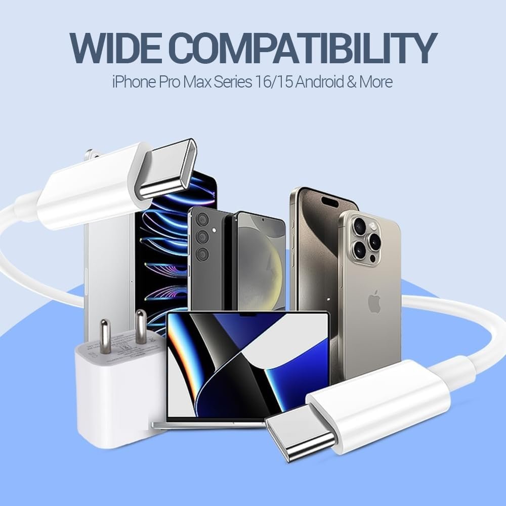 Punnkk 20W PD Fast Charger Adapter with 1 Meter Type-C to C Cable, Compatible with iPhone 16, 16 Plus, 16 Pro, 16 Pro Max, 15, 15 Plus, 15 Pro, 15 Pro Max, Laptop & Other Type-C Devices