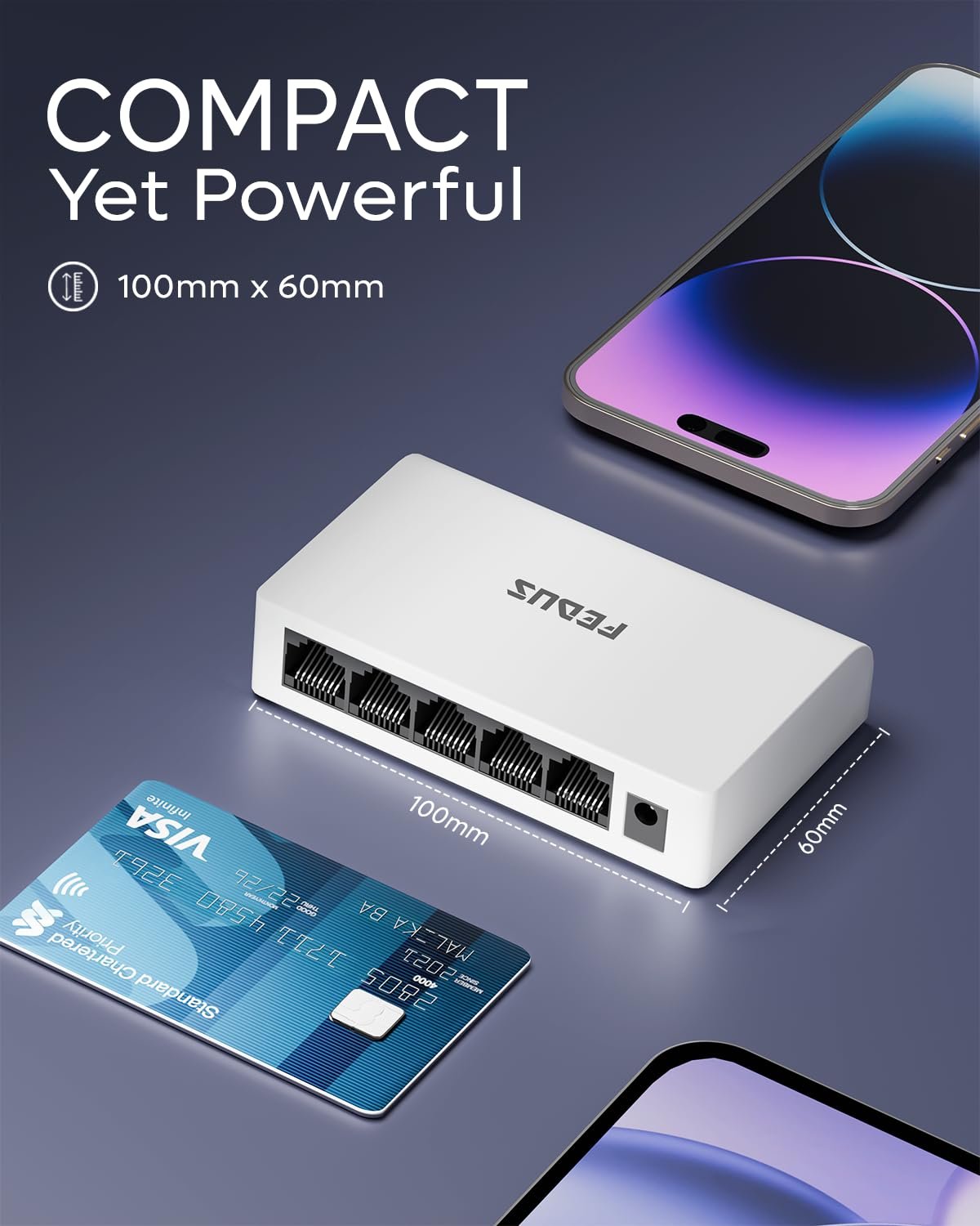 FEDUS NEXTPORT-5000, 5 Port Gigabit Ethernet Switch, 1000Mbps 1 to 4 LAN Network Splitter Hub, Unmanaged, Plug & Play, Fanless Desktop Internet Splitter for PC, Smart TV, Router, Gaming, CCTV, NAS