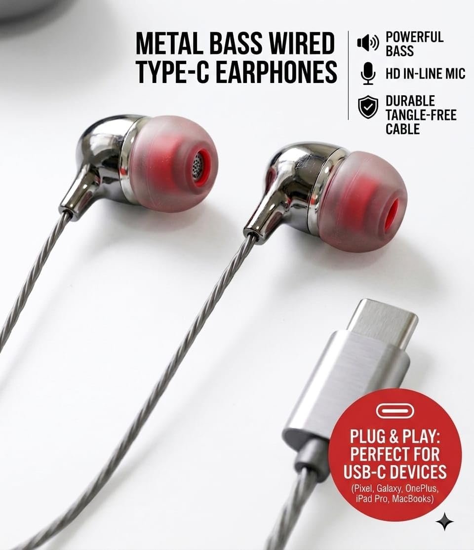 VAMIKO Type-C Wired Earphones with 10mm Speaker Driver