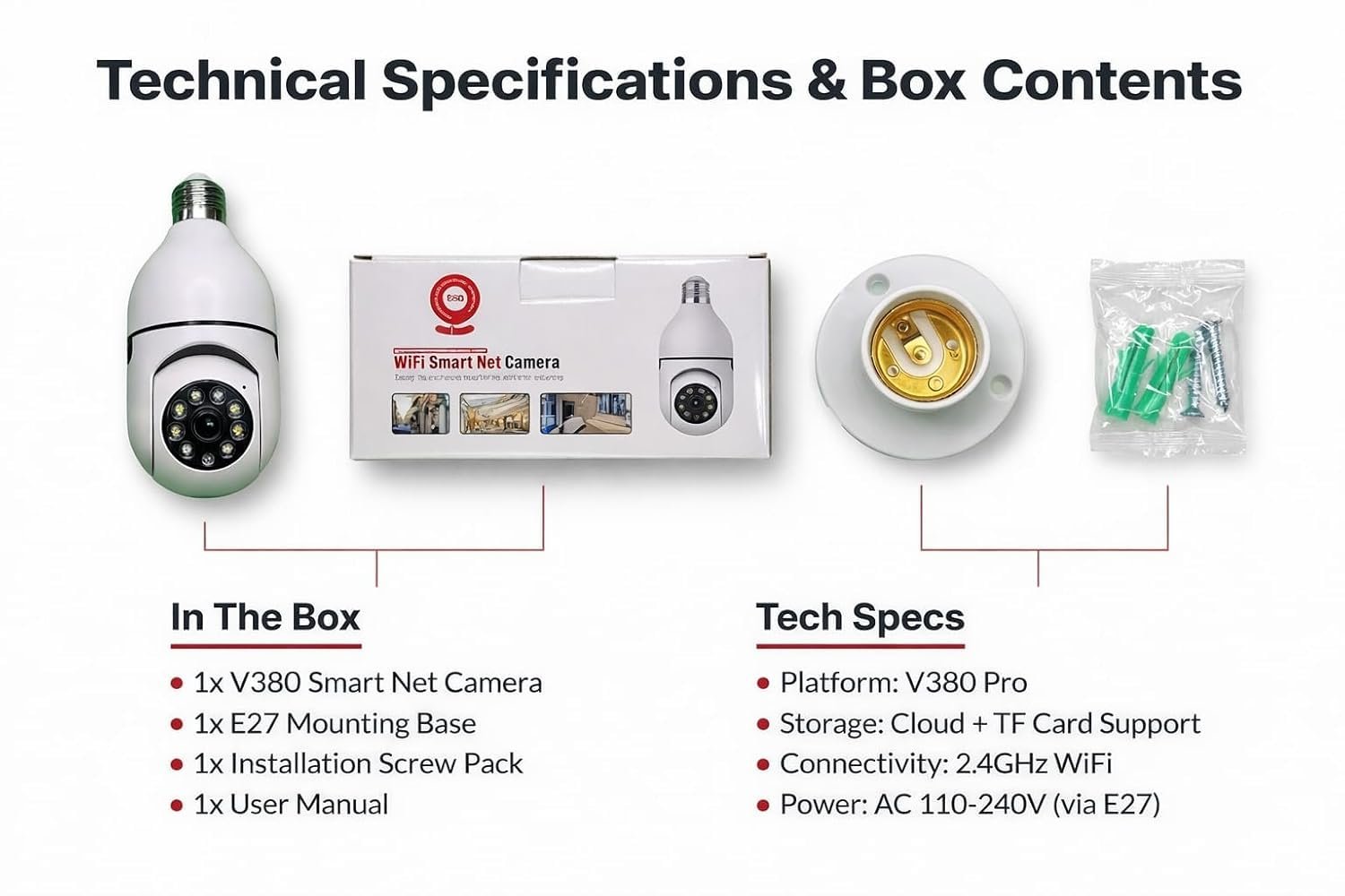 V380/V360 WiFi Smart Bulb Camera 360° HD Wireless CCTV Security Camera with Night Vision, Motion Detection, 2-Way Audio, E27 Bulb Fitting, Remote Viewing via V380/V360 Pro App