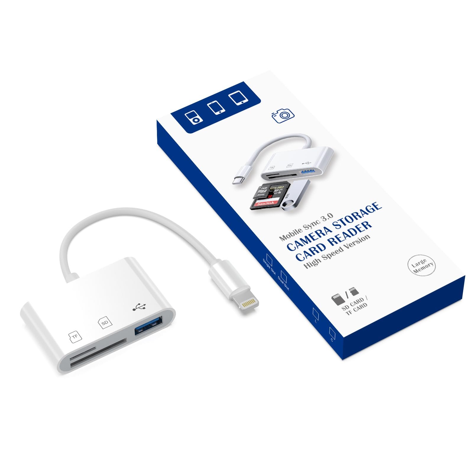 WAVLINK 3-in-1 Lightning SD/TF Card Reader for iPhone/iPad, with USB 2.0-A Port, Plug & Play for Trail Cam, DSLR, UAV, Dash Cam – No App Required