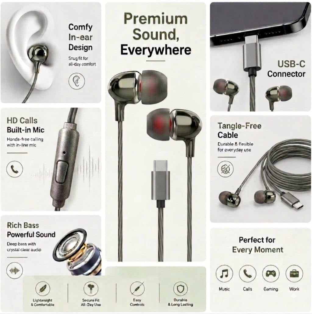 VAMIKO Type-C Wired Earphones with 10mm Speaker Driver