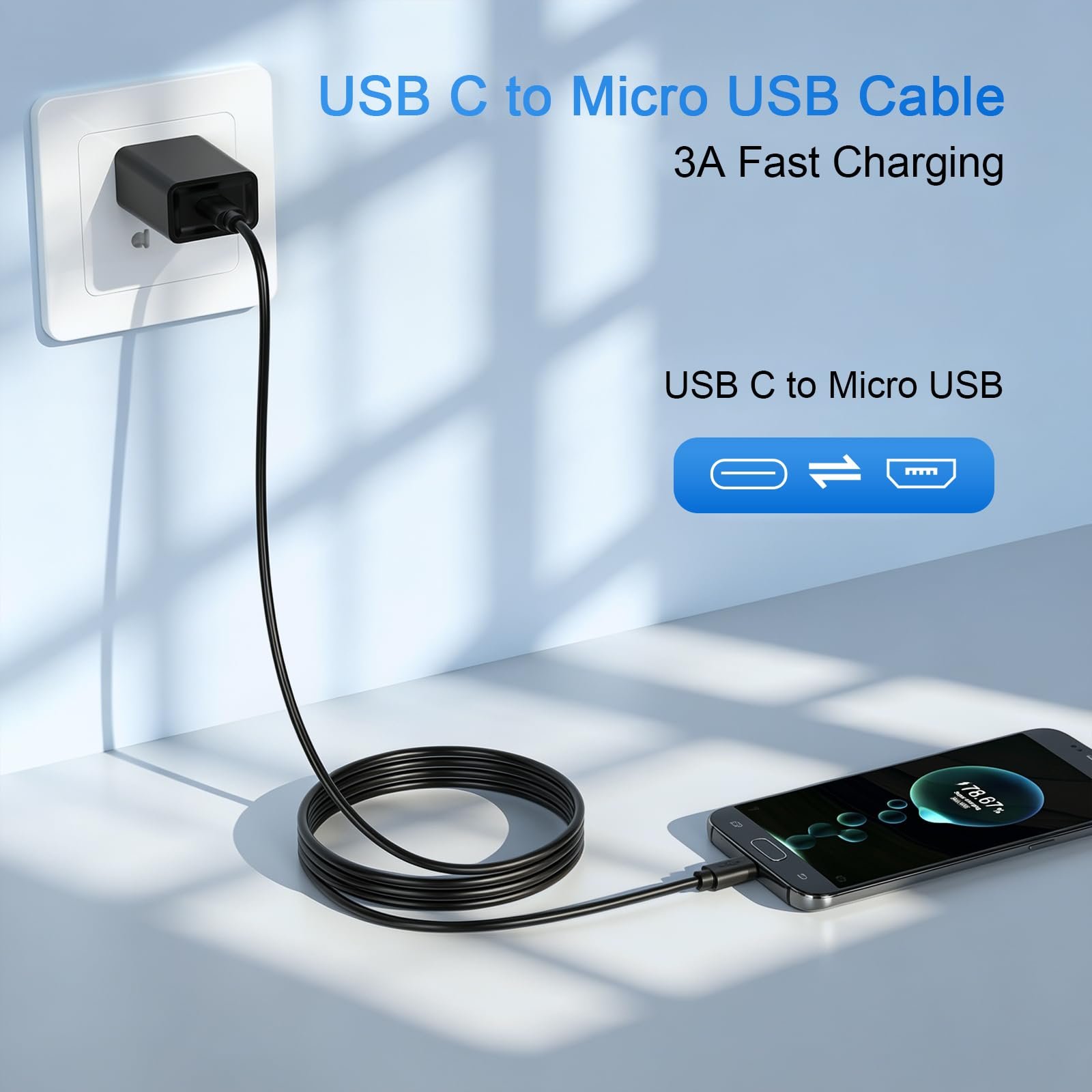 Vanjua USB C to Micro USB Cable 3.3ft (100cm), 3A Fast Charging & 480Mbps Data Sync Cord for Old Android Phones, Kindle, PS4, Xbox One, Power Bank & Tablet