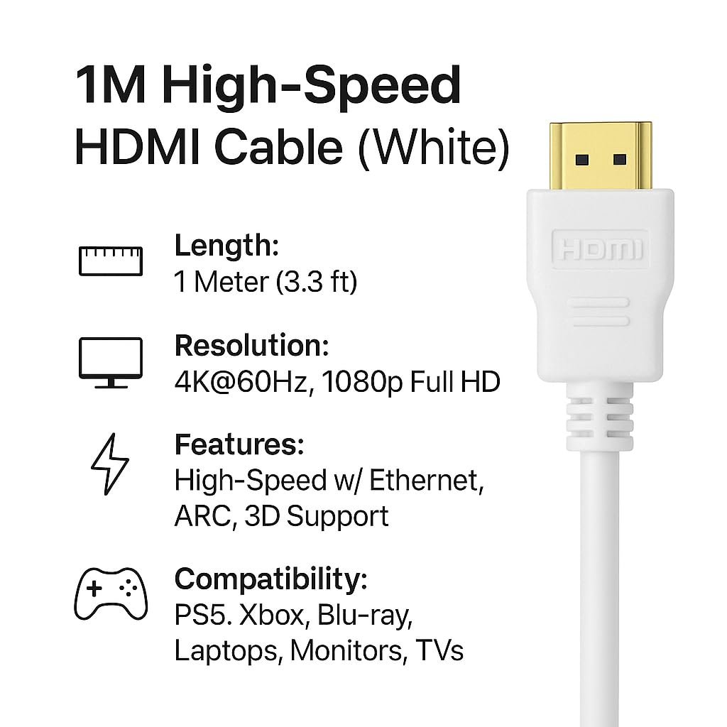 High-Speed HDMI Cable 1 Meter (White), 18 Gbps, 4K UHD, Full HD, Audio Return, Gold-Plated Connectors, Durable PVC Jacket, Compatible with TV, Monitor, Laptop, Gaming Console, Projector