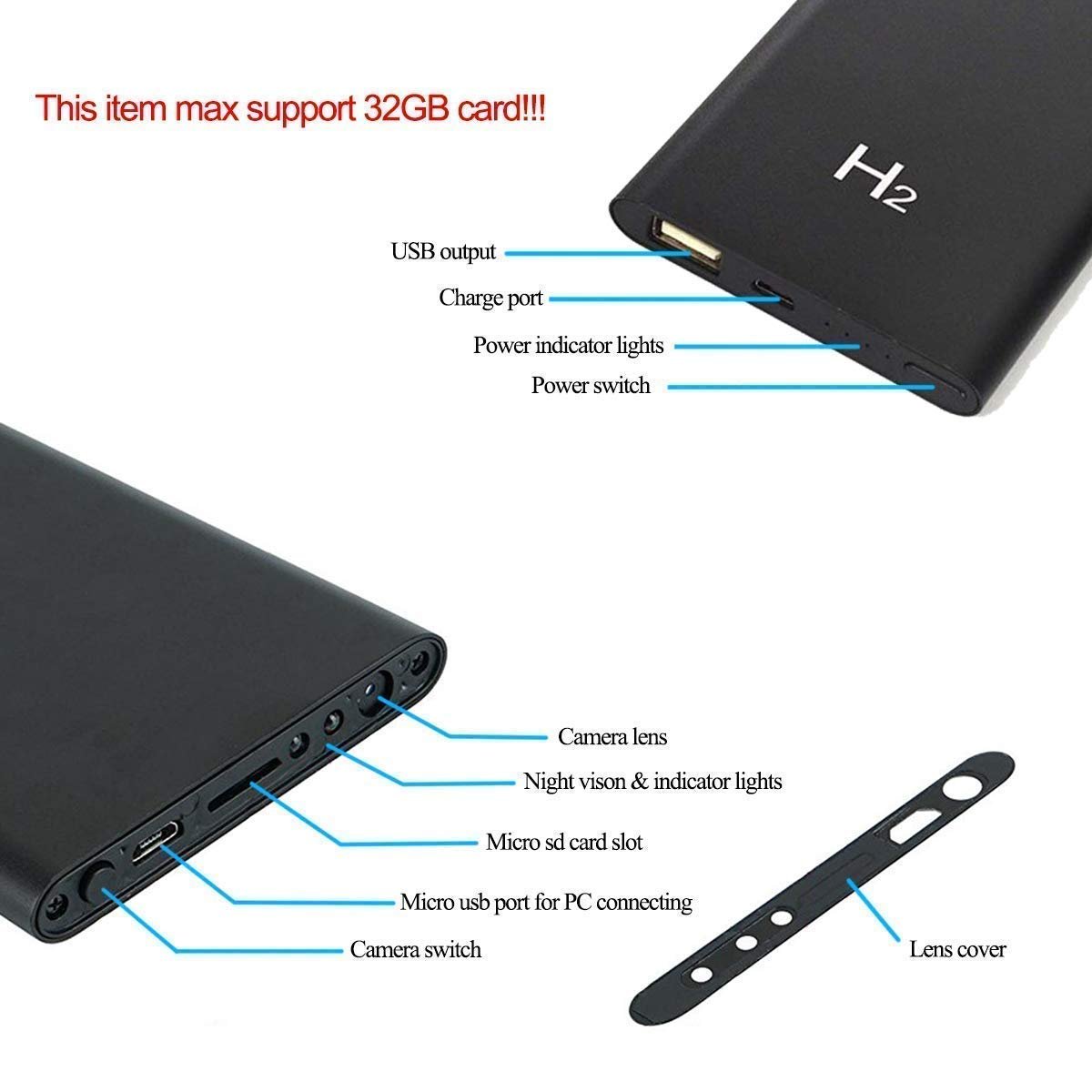 H2 Power Bank Camera 1080P Portable Power Bank Camera, Security Surveillance Camera for Home and Office, No WiFi