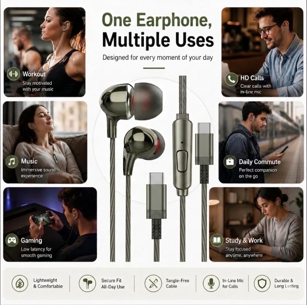 VAMIKO Type-C Wired Earphones with 10mm Speaker Driver