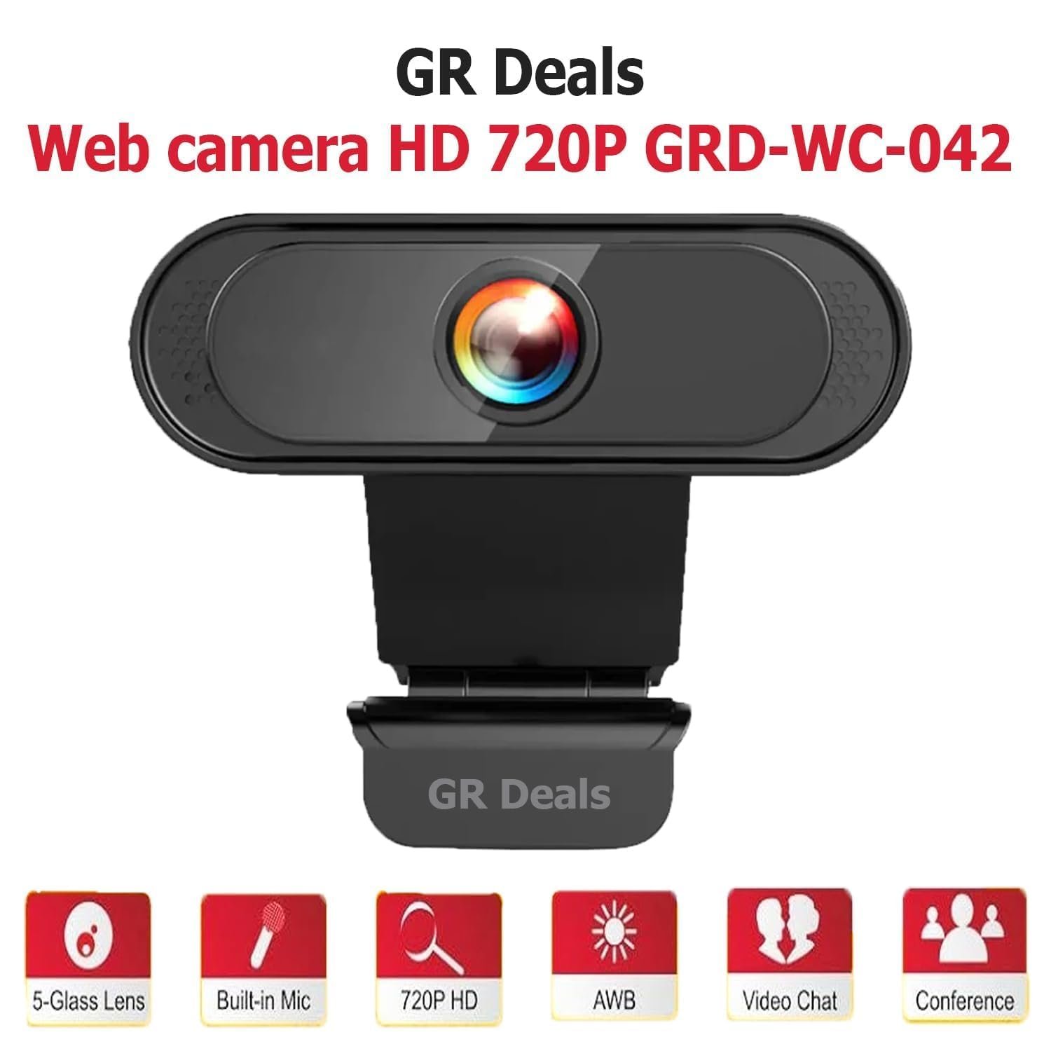 GR Deals 720p HD Webcam for Laptop & Desktop PC with Built-in Noise Isolating Microphone | USB Web Camera for Video Calling, Zoom, Meetings & Online Classes | Plug & Play (Black)