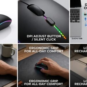 S D Wireless Mouse, Dual Mode 2.4GHz + BT, 1600 DPI, USB Nano Receiver, Lightweight Design, Multicolor LED Lights, Rechargeable Battery Black