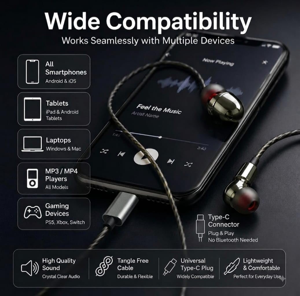VAMIKO Type-C Wired Earphones with 10mm Speaker Driver