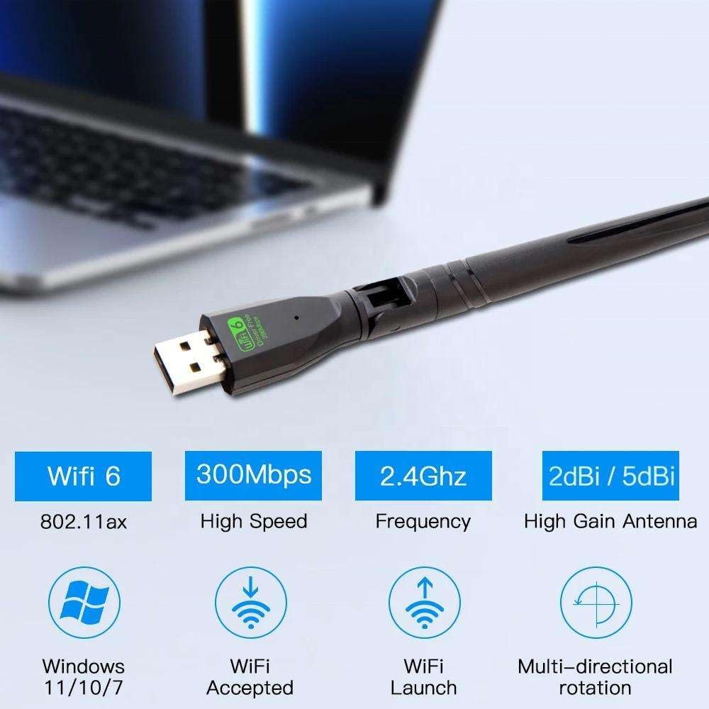 Wavenex AX300 WiFi 6 USB Adapter, 300Mbps Wireless Network Dongle with External Antenna, High-Speed Stable USB WiFi Receiver for PC, Laptop & Desktop, Windows 10/11 Compatible