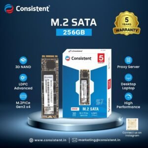 Consistent SSD 256GB M.2 SATA 2280, with 520MB/s Read Speed, PCIe Gen 3.0, 5 Years Warranty.