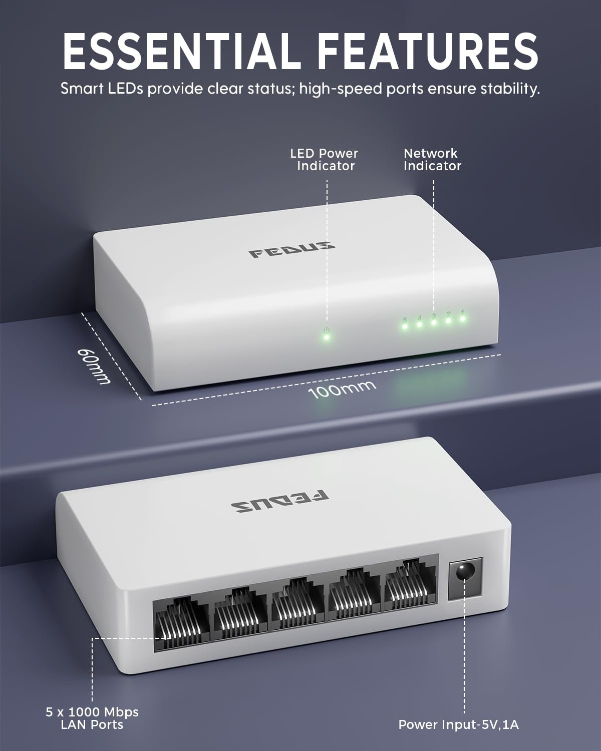 FEDUS NEXTPORT-5000, 5 Port Gigabit Ethernet Switch, 1000Mbps 1 to 4 LAN Network Splitter Hub, Unmanaged, Plug & Play, Fanless Desktop Internet Splitter for PC, Smart TV, Router, Gaming, CCTV, NAS