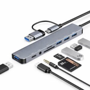 Port 8 Plus 8-in-1 USB Hub, Dual Connector USB 3.0 and Type-C, SD/TF Card Reader, 3.5mm AUX Jack, for Laptops and Tablets