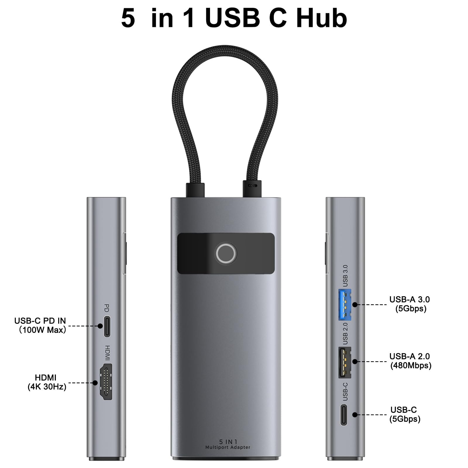 Tobfit 5-in-1 USB-C Hub Multiport Adapter with 4K HDMI, 100W PD Charging, 3 USB Ports | Compatible with MacBook, iPad, iPhone, Windows Laptops & More
