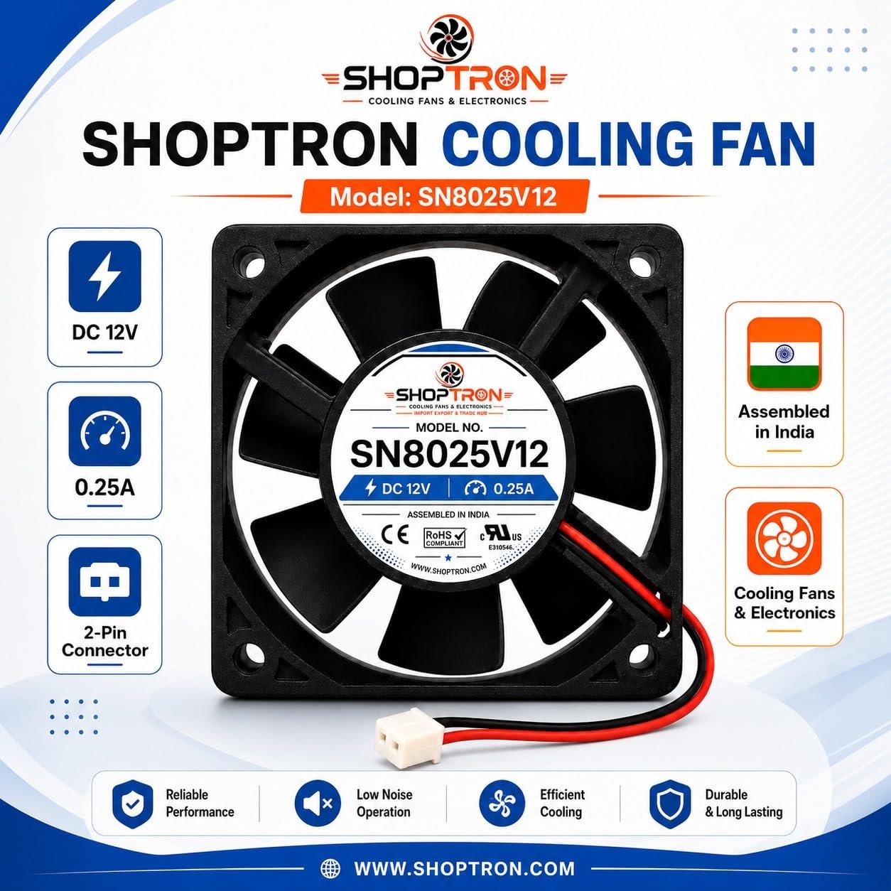 Shoptron SN8025V12 DC Cooling Fan, 80x80x25mm, 12V 0.25A PACK OF 6