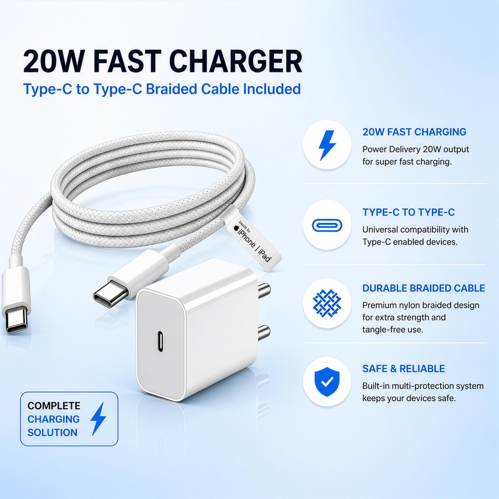 20W USB-C Charger with Type-C Cable Fast Charging for iPhone & iPad Kit