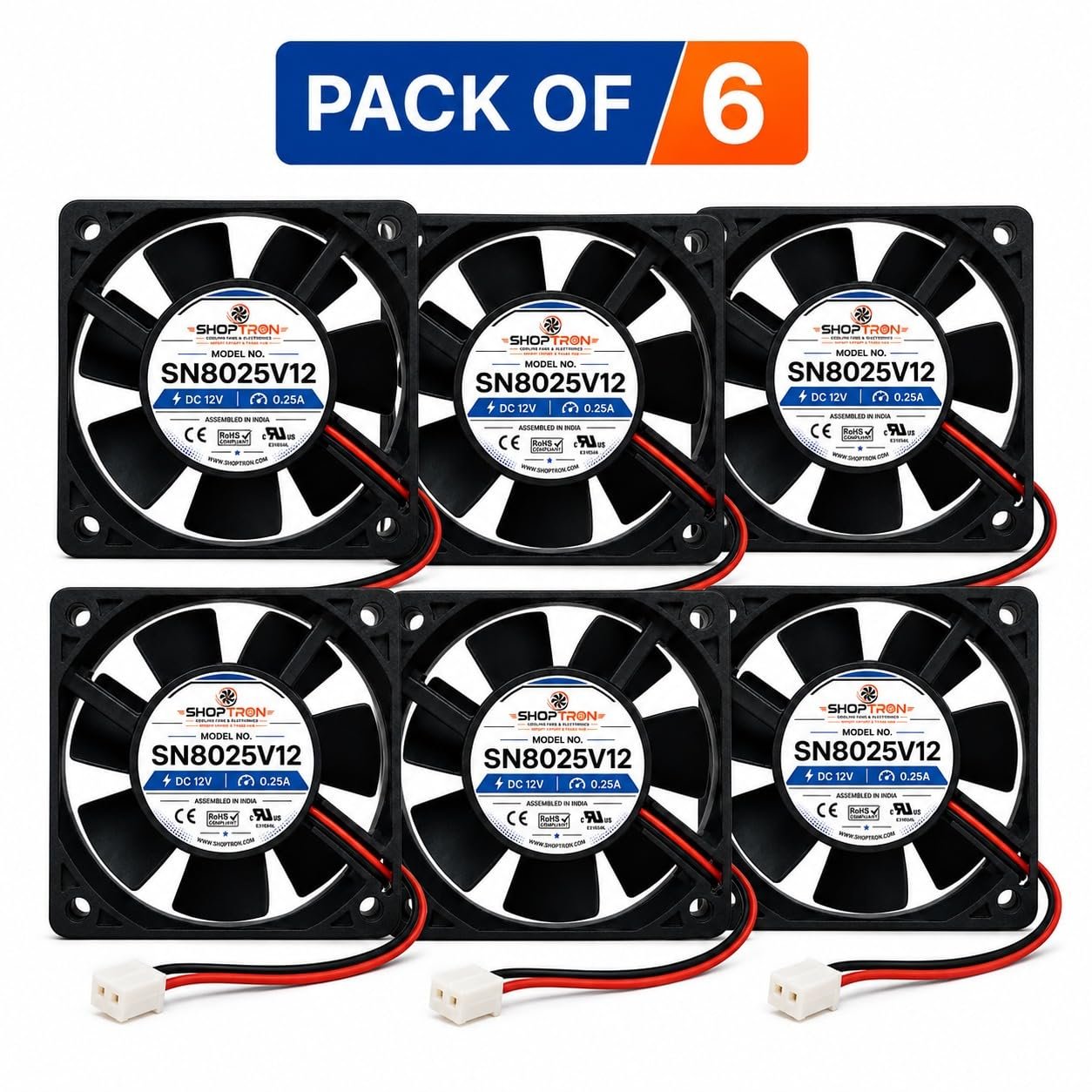 Shoptron SN8025V12 DC Cooling Fan, 80x80x25mm, 12V 0.25A PACK OF 6