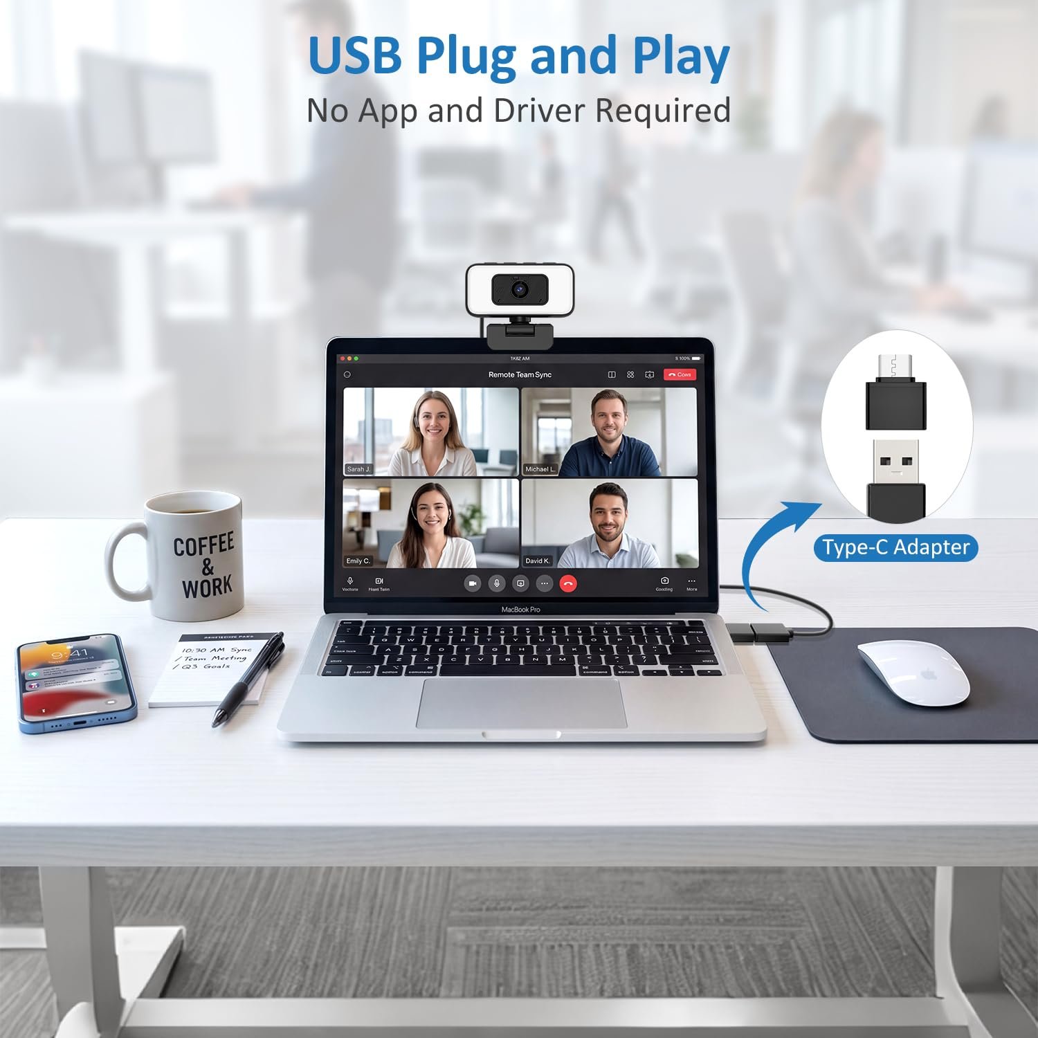 Danyesth Webcam with Light, 2K Web Camera for Desktop Computer