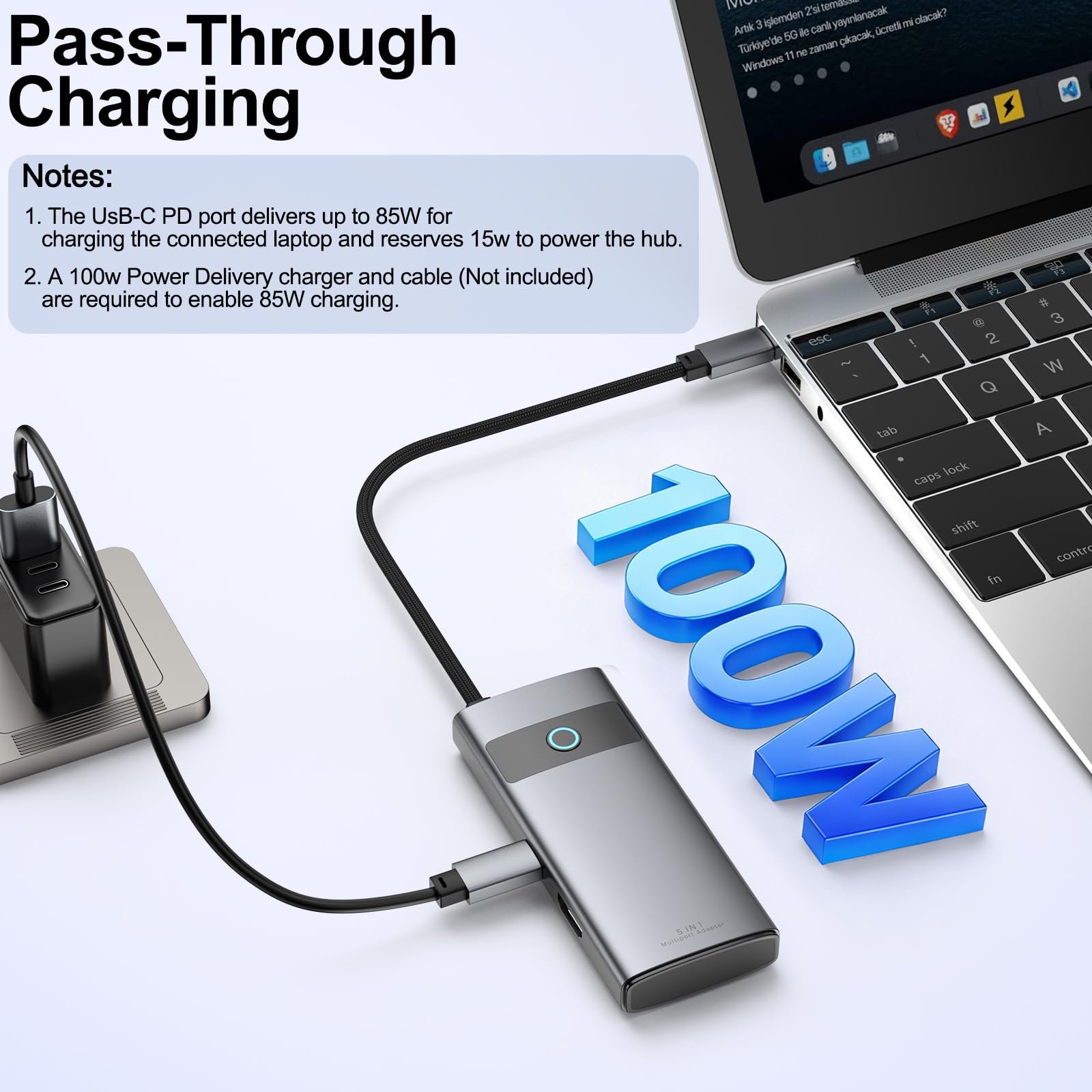 Tobfit 5-in-1 USB-C Hub Multiport Adapter with 4K HDMI, 100W PD Charging, 3 USB Ports | Compatible with MacBook, iPad, iPhone, Windows Laptops & More