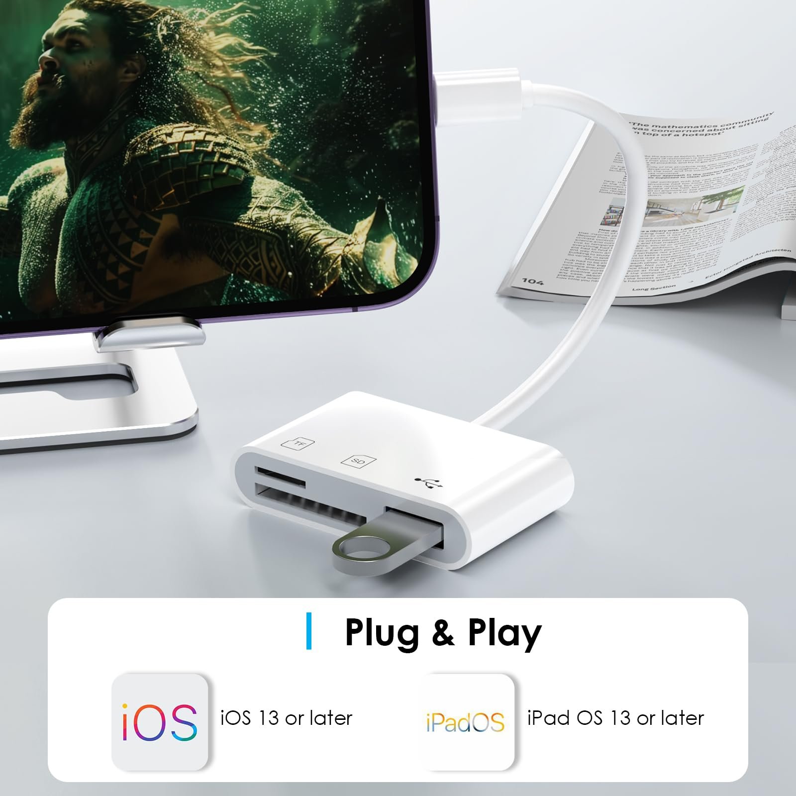 WAVLINK 3-in-1 Lightning SD/TF Card Reader for iPhone/iPad, with USB 2.0-A Port, Plug & Play for Trail Cam, DSLR, UAV, Dash Cam – No App Required