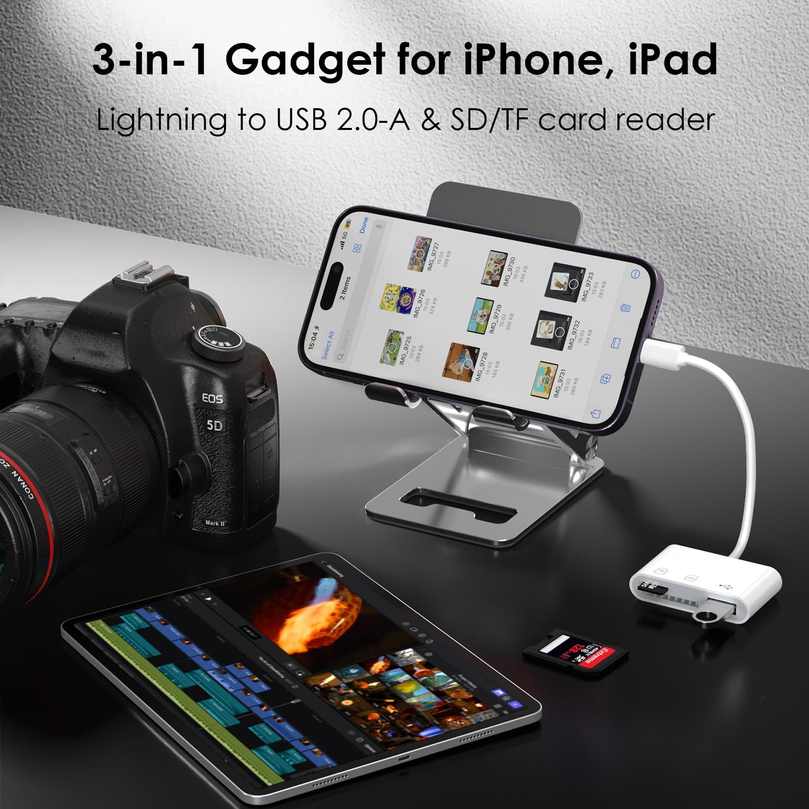 WAVLINK 3-in-1 Lightning SD/TF Card Reader for iPhone/iPad, with USB 2.0-A Port, Plug & Play for Trail Cam, DSLR, UAV, Dash Cam – No App Required