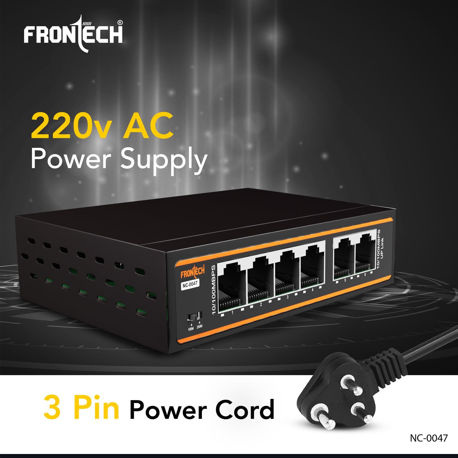 Frontech 4-Port PoE+ Switch, 6-Port 10/100 Mbps Ethernet Network Switch with 72W PoE Budget, 2 Uplink Ports, 250m Transmission, Plug & Play, Wall Mount, 2-Year Warranty (NC-0047)