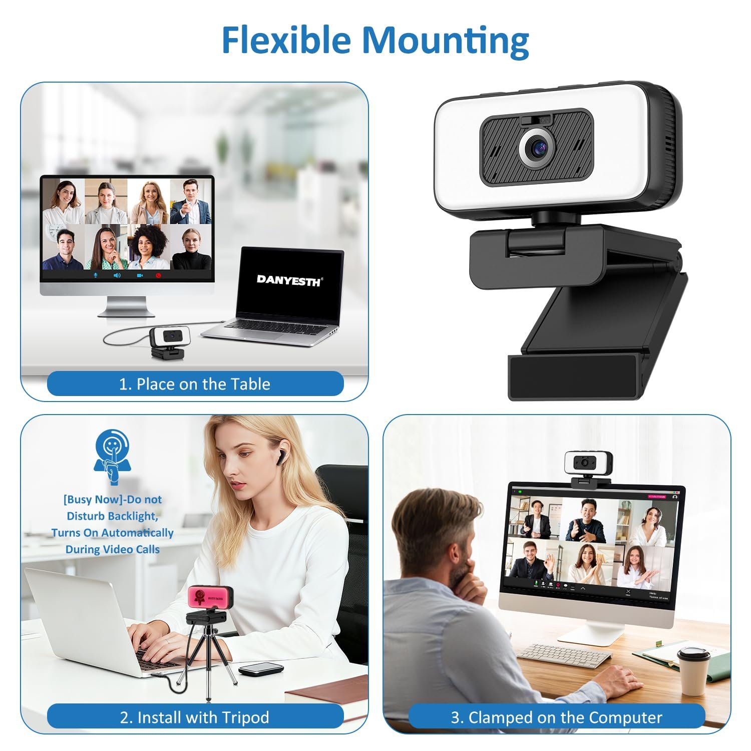 Danyesth Webcam with Light, 2K Web Camera for Desktop Computer