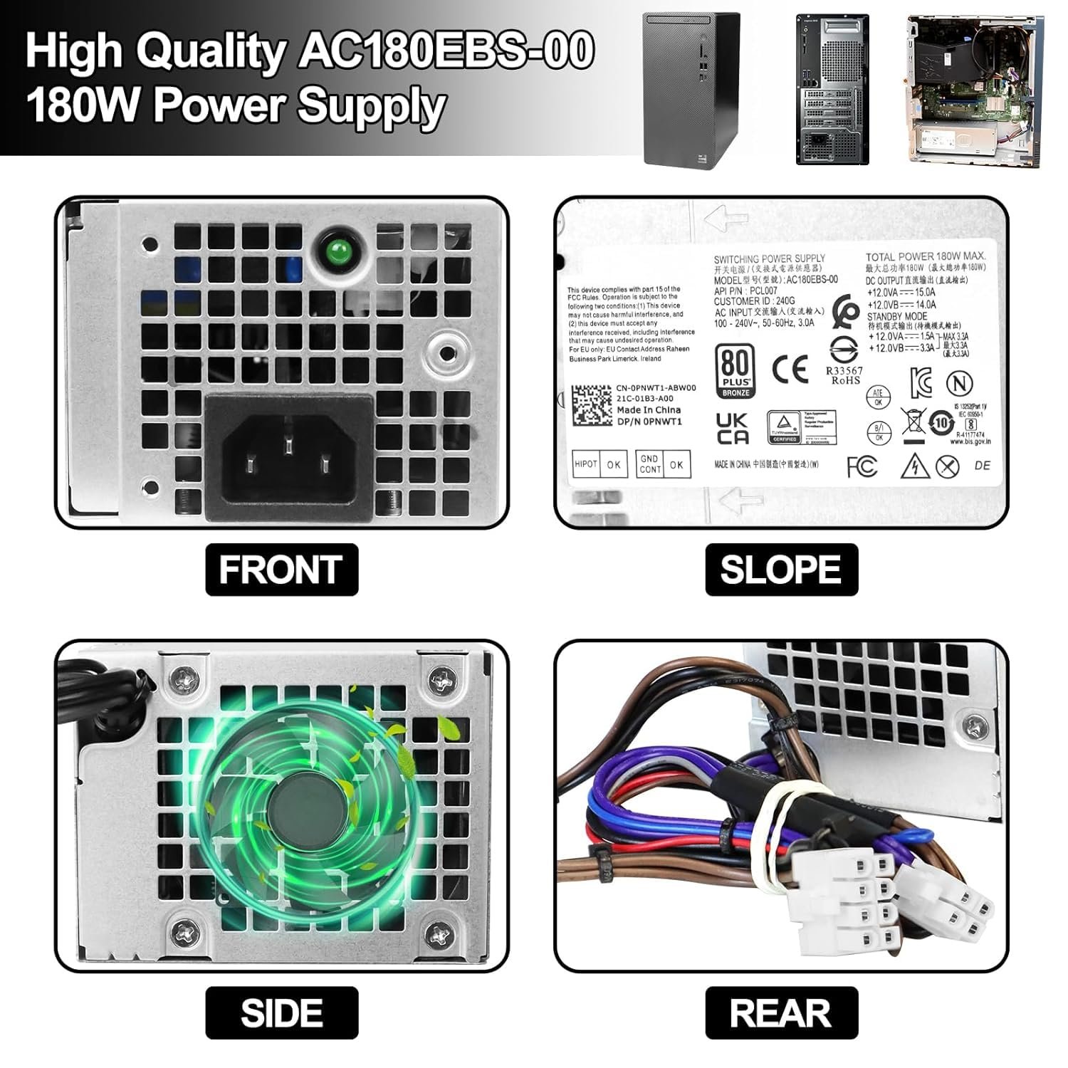 AC180EBS-00 NC77H 180W Power Supply Compatible with Dell Inspiron 3910,Vostro 3690 3710 3020,Optiplex 3000MT 3990MT 3991MT 3900MT 3901MT 5000MT 7000MT F3J97 T685J Power Supply 8Pin+4Pin