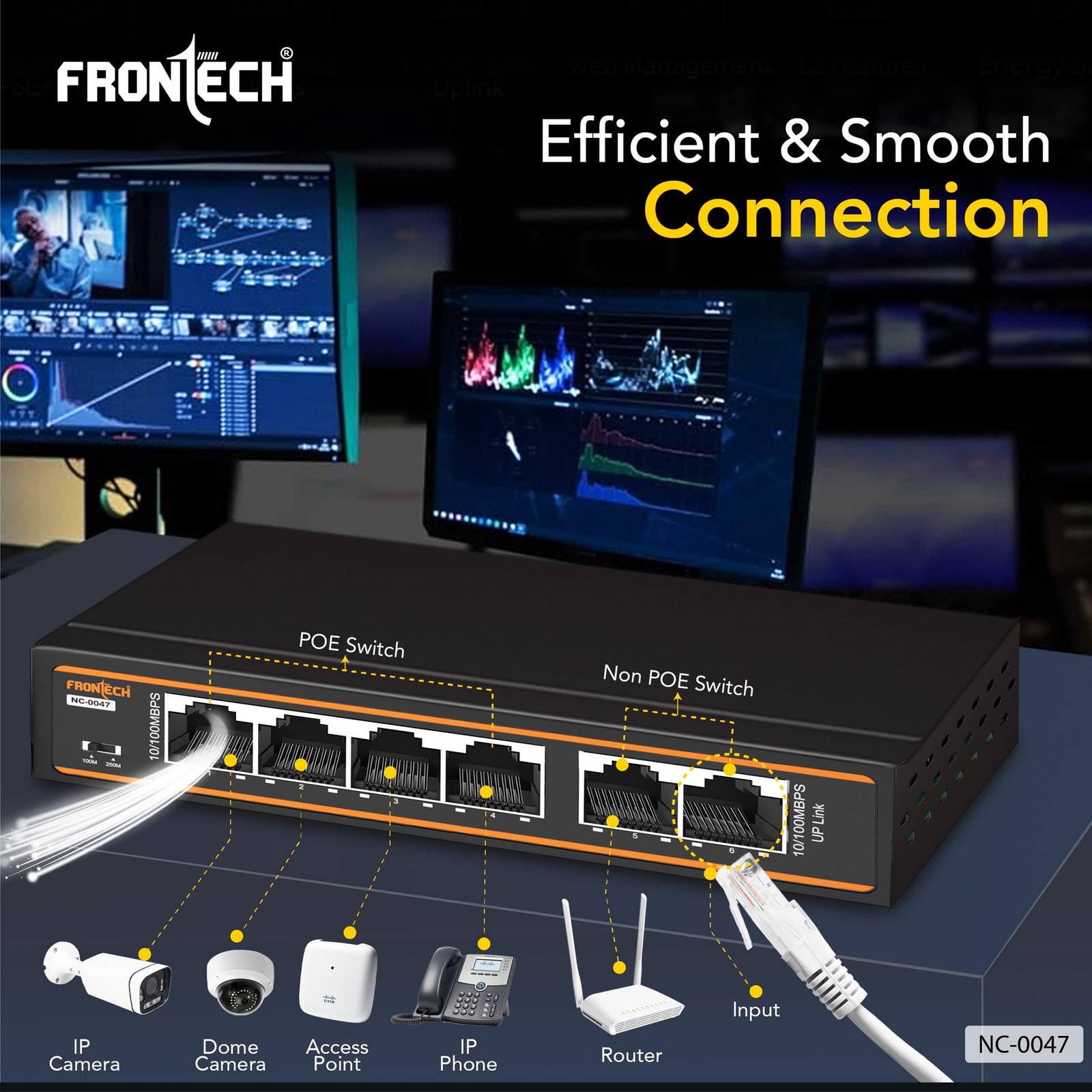 Frontech 4-Port PoE+ Switch, 6-Port 10/100 Mbps Ethernet Network Switch with 72W PoE Budget, 2 Uplink Ports, 250m Transmission, Plug & Play, Wall Mount, 2-Year Warranty (NC-0047)