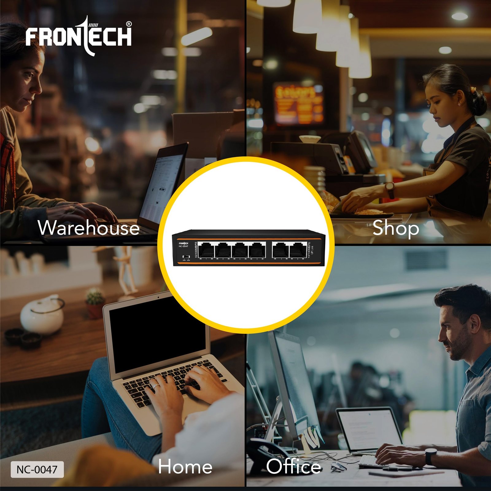 Frontech 4-Port PoE+ Switch, 6-Port 10/100 Mbps Ethernet Network Switch with 72W PoE Budget, 2 Uplink Ports, 250m Transmission, Plug & Play, Wall Mount, 2-Year Warranty (NC-0047)