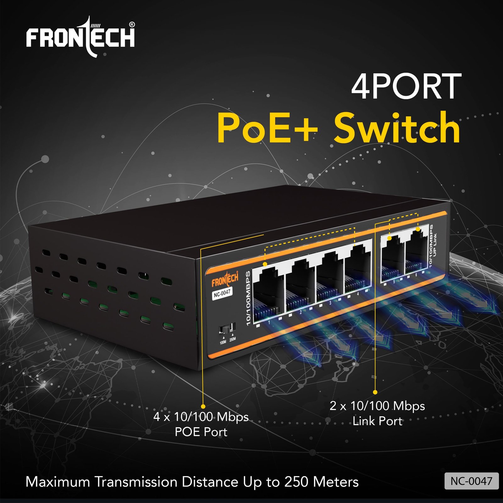 Frontech 4-Port PoE+ Switch, 6-Port 10/100 Mbps Ethernet Network Switch with 72W PoE Budget, 2 Uplink Ports, 250m Transmission, Plug & Play, Wall Mount, 2-Year Warranty (NC-0047)