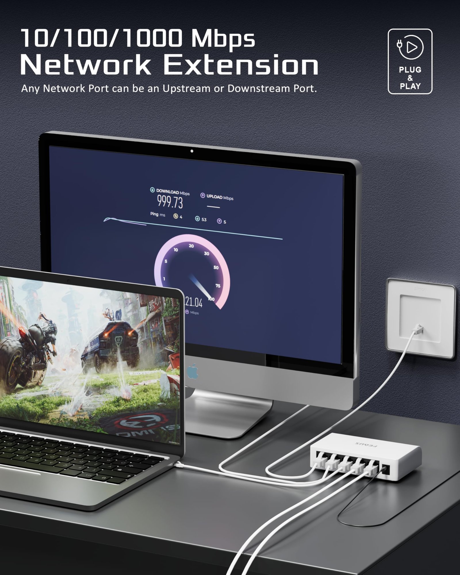 FEDUS NEXTPORT-5000, 5 Port Gigabit Ethernet Switch, 1000Mbps 1 to 4 LAN Network Splitter Hub, Unmanaged, Plug & Play, Fanless Desktop Internet Splitter for PC, Smart TV, Router, Gaming, CCTV, NAS