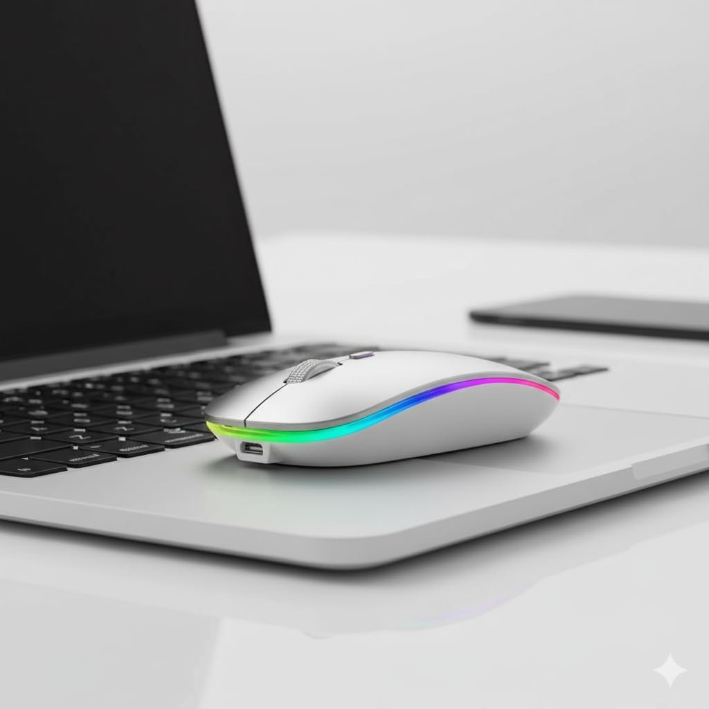 Slim Wireless Mouse with Rechargeable Battery | Dual Mode BT + 2.4GHz Mouse | Silent Click | 800/1200/1600 DPI Adjustable | Multicolor LED | Lightweight Ergonomic Mouse for Laptop & PC