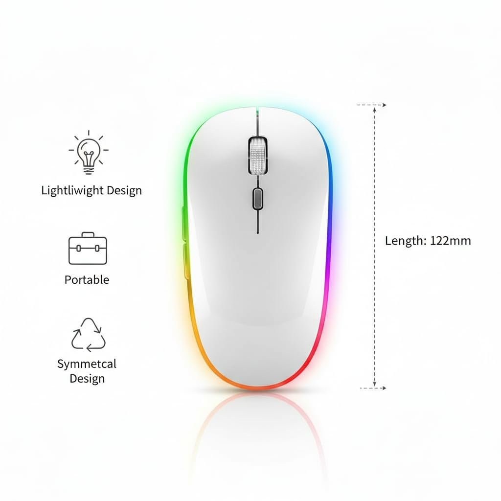 Slim Wireless Mouse with Rechargeable Battery | Dual Mode BT + 2.4GHz Mouse | Silent Click | 800/1200/1600 DPI Adjustable | Multicolor LED | Lightweight Ergonomic Mouse for Laptop & PC