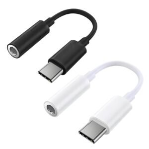 2 Pack USB C to 3.5mm Headphone Jack Adapter, Hi-Fi DAC Audio Converter with Microphone, Compatible with iPhone 15/Pro, Samsung Galaxy, iPad Pro, MacBook, Pixel, Black & White