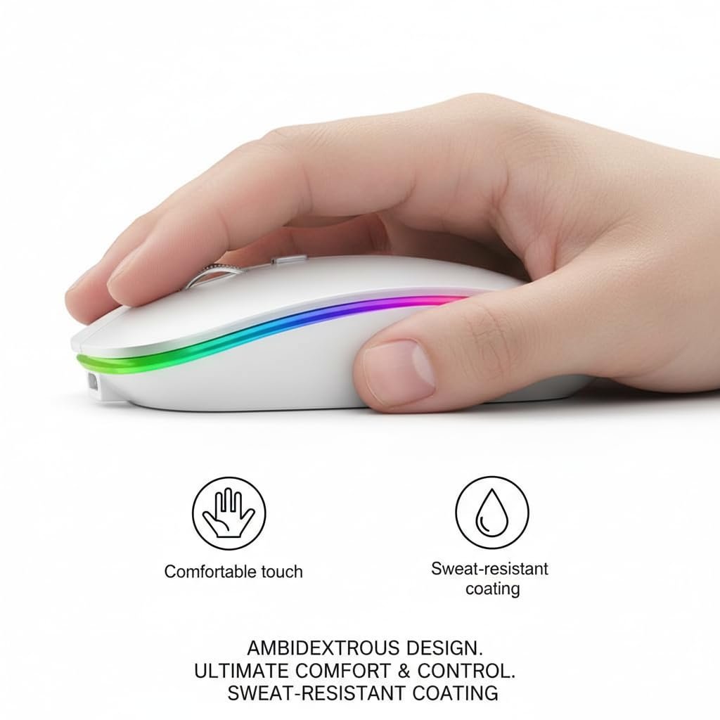Slim Wireless Mouse with Rechargeable Battery | Dual Mode BT + 2.4GHz Mouse | Silent Click | 800/1200/1600 DPI Adjustable | Multicolor LED | Lightweight Ergonomic Mouse for Laptop & PC