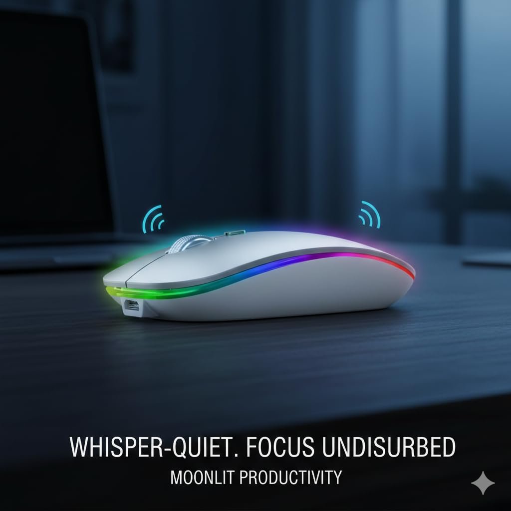 Slim Wireless Mouse with Rechargeable Battery | Dual Mode BT + 2.4GHz Mouse | Silent Click | 800/1200/1600 DPI Adjustable | Multicolor LED | Lightweight Ergonomic Mouse for Laptop & PC