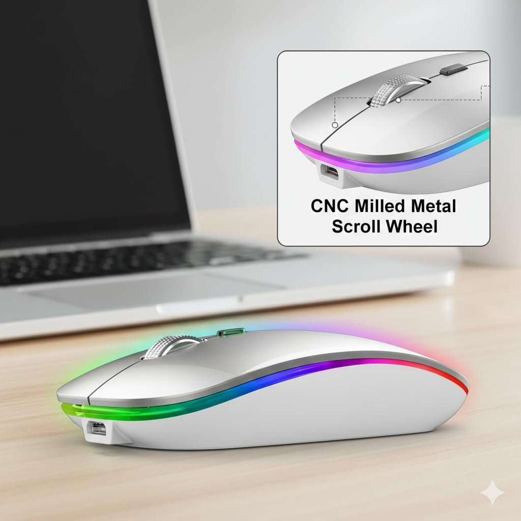 Slim Wireless Mouse with Rechargeable Battery | Dual Mode BT + 2.4GHz Mouse | Silent Click | 800/1200/1600 DPI Adjustable | Multicolor LED | Lightweight Ergonomic Mouse for Laptop & PC