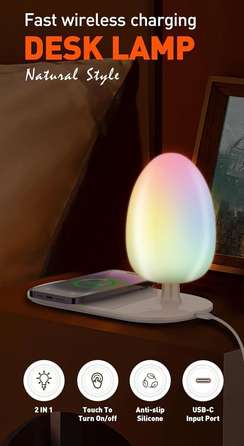 2 in 1 Desk Lamp Mobile Fast Charge Station/Magnetic Wireless Charger Pad, (RGB) LED Light Night lamp with Wireless Charging Function