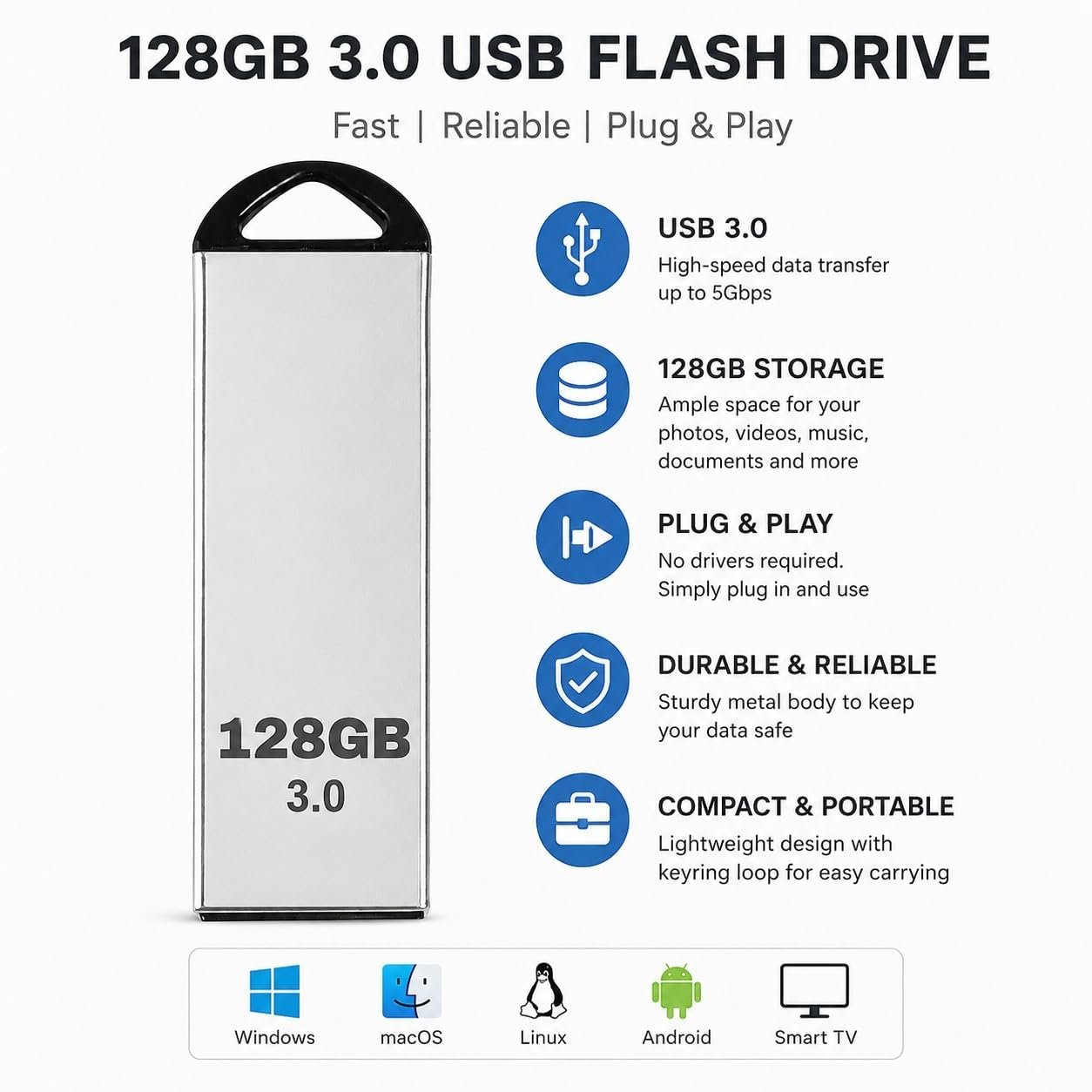 Item Name: USB 3.0 Metal Pen Drive High Speed Flash Drive for Laptop, PC, Smart TV, Car Music Player | Water Resistant & Metal Flash Drive for Backing Up Files, Pictures, Videos & Docs | 128 GB