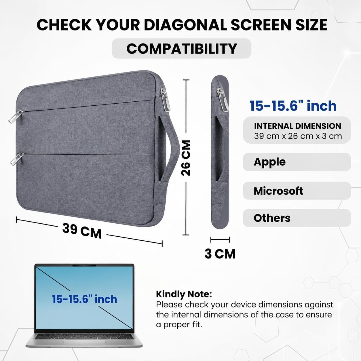 Laptop Sleeve Bag with Handle, Grey, Multi-Pocket