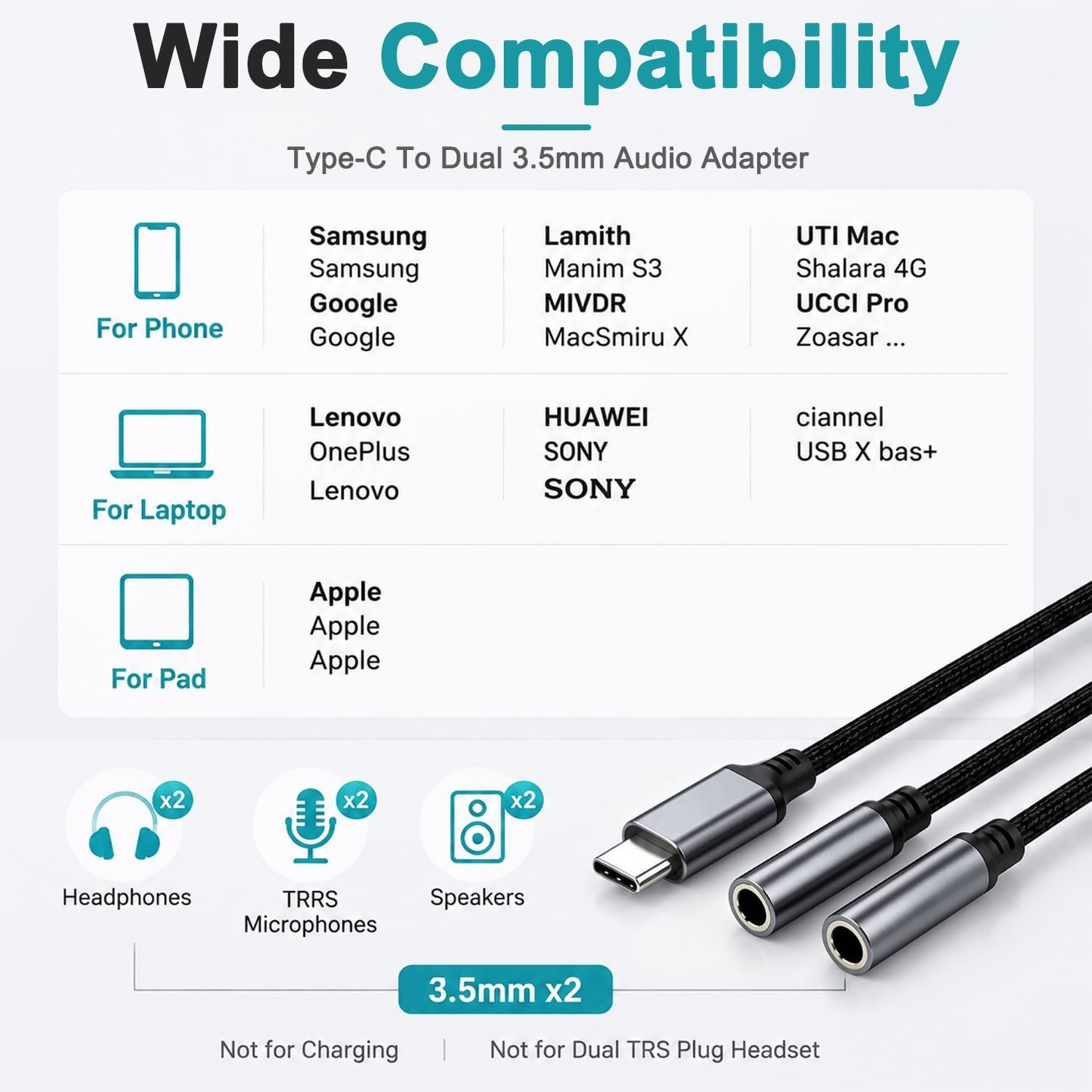 0.5M Type C to Dual 3.5mm Headphone Splitter with High Res DAC Chip