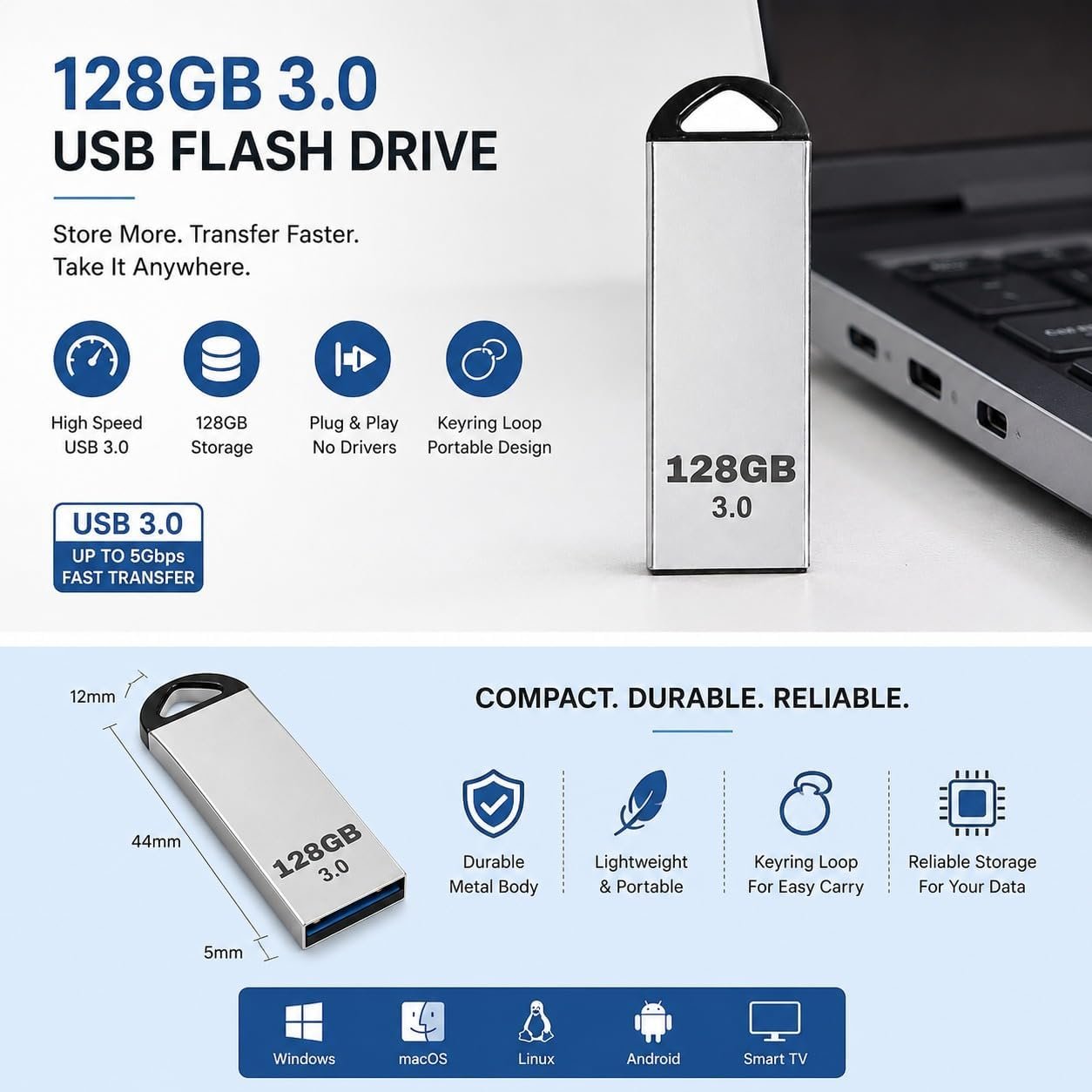 Item Name: USB 3.0 Metal Pen Drive High Speed Flash Drive for Laptop, PC, Smart TV, Car Music Player | Water Resistant & Metal Flash Drive for Backing Up Files, Pictures, Videos & Docs | 128 GB