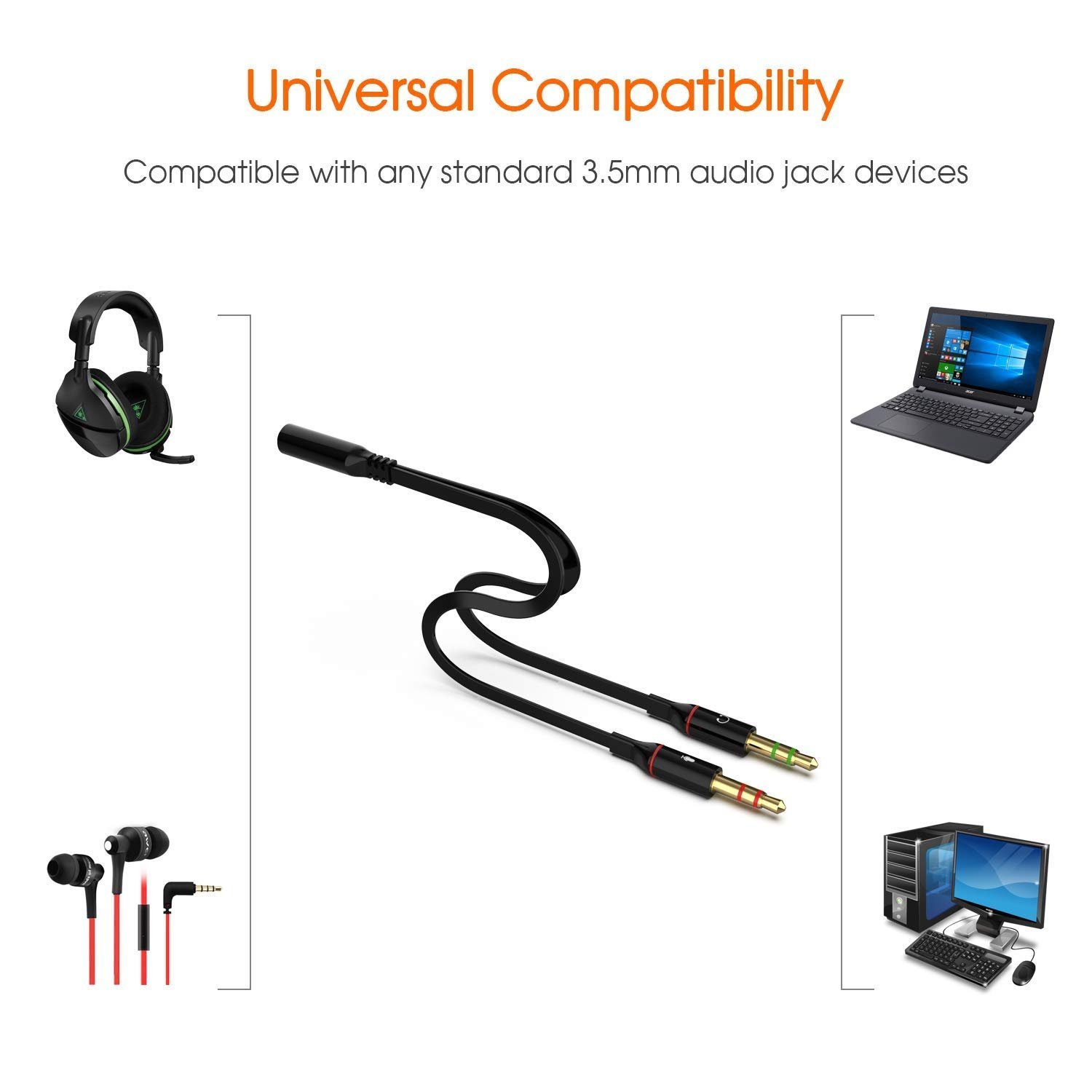 Gold Plated 3.5 mm Headphone Splitter for Computer 2 Male to 1 Female 3.5mm Headphone Mic Audio Y Splitter Cable Smartphone Headset to PC Adapter – (Black,20cm)