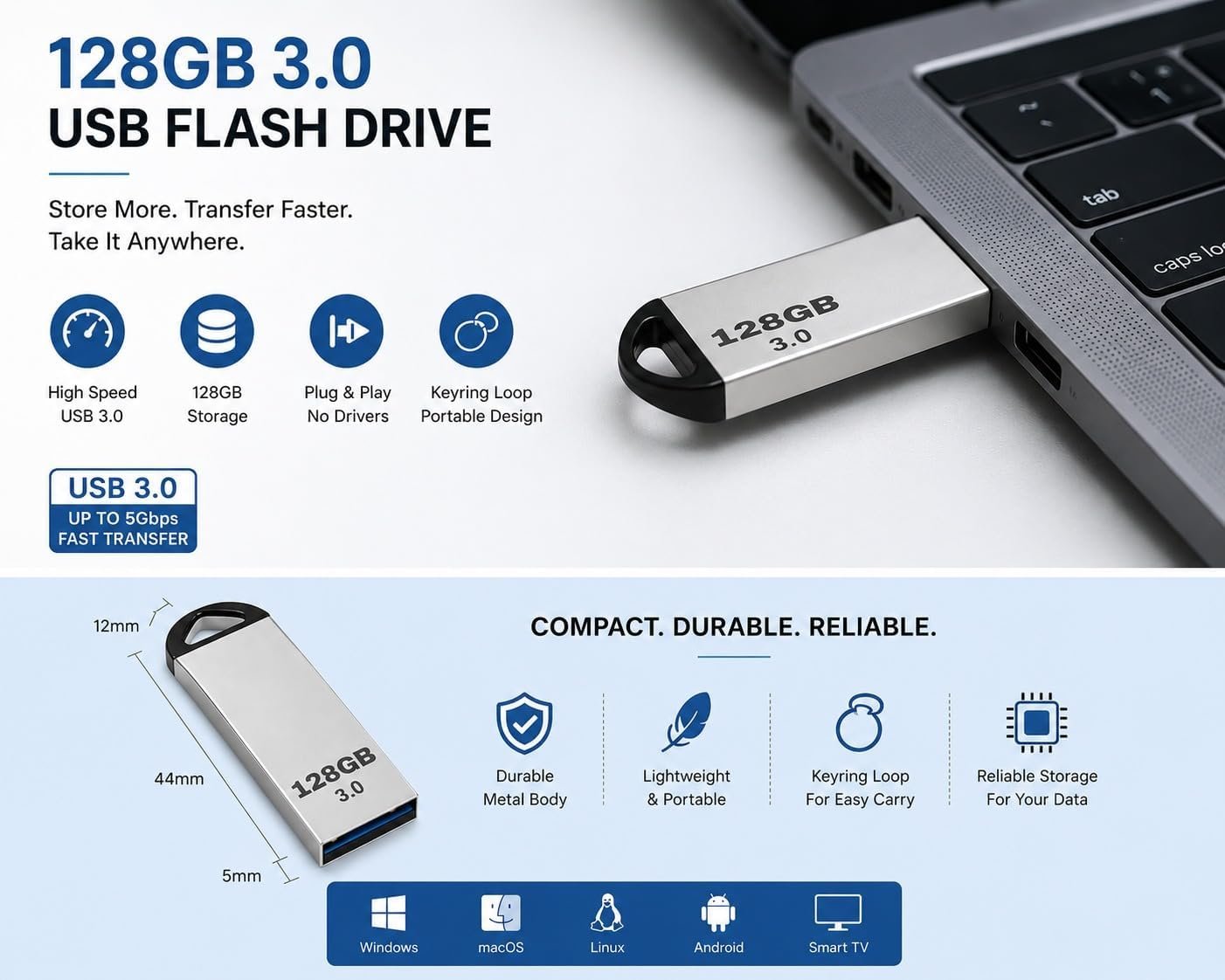 Item Name: USB 3.0 Metal Pen Drive High Speed Flash Drive for Laptop, PC, Smart TV, Car Music Player | Water Resistant & Metal Flash Drive for Backing Up Files, Pictures, Videos & Docs | 128 GB