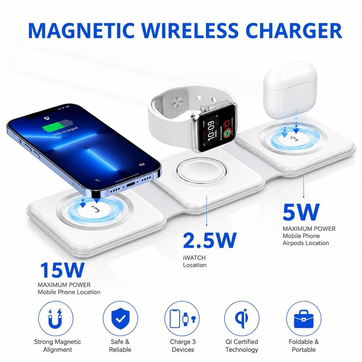 3 in 1 Foldable Magnetic Wireless Charger Compatible with MagSafe