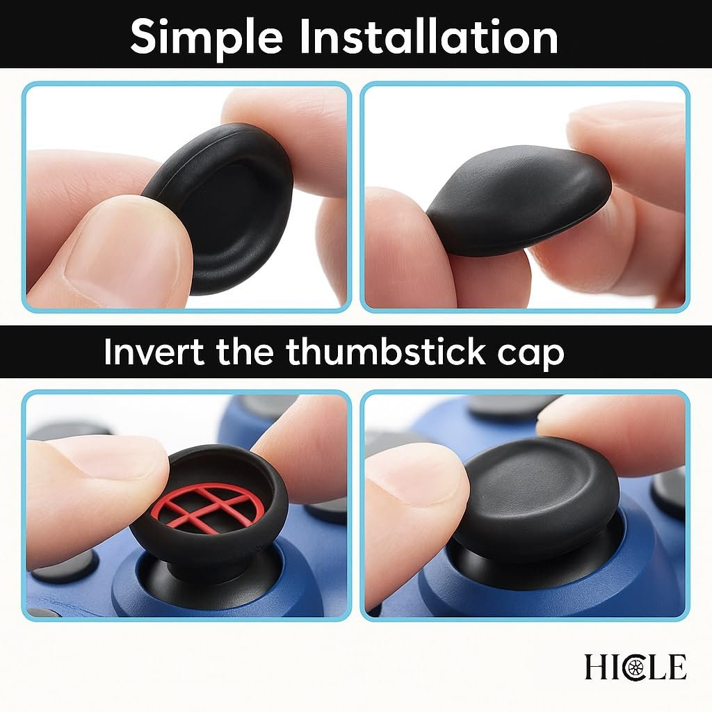 HICLE Black Soft Silicone Joystick Cap for PS5, PS4, PS3 & Xbox Controllers – Anti-Slip Thumb Grip Cover -Black